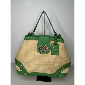 Emma Fox Satchel Green Leather And Natural Woven Linen Blend Tan Crossbody Bag